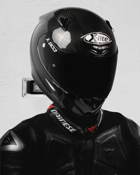 Moto gear holder for hanging motorcycle jackets and helmets, shown with a black helmet with visible branding on a gray background