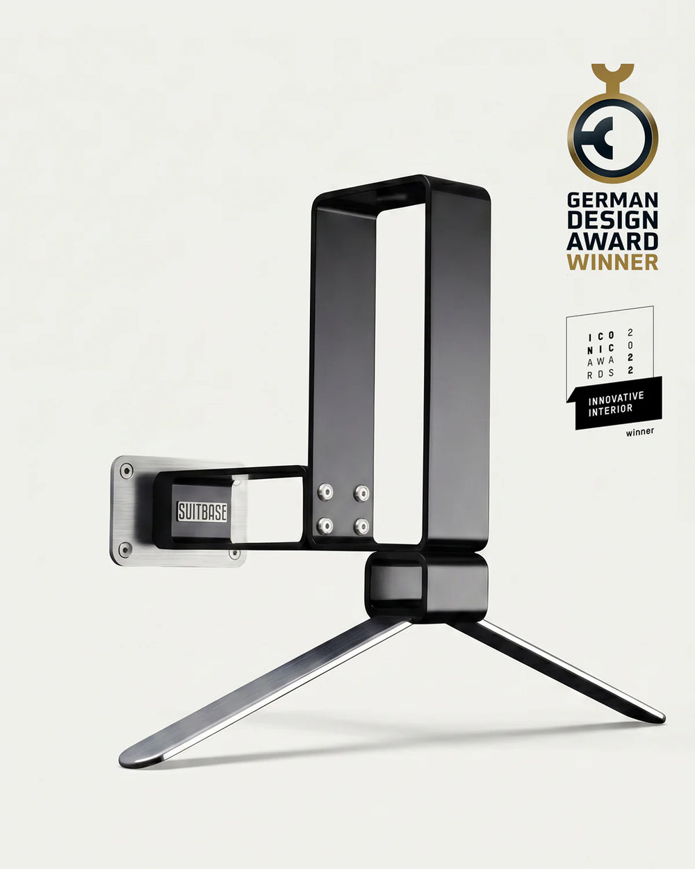 Suitbase Pro black wall-mounted helmet holder, winner of the German Design Award and Iconic Awards 2022